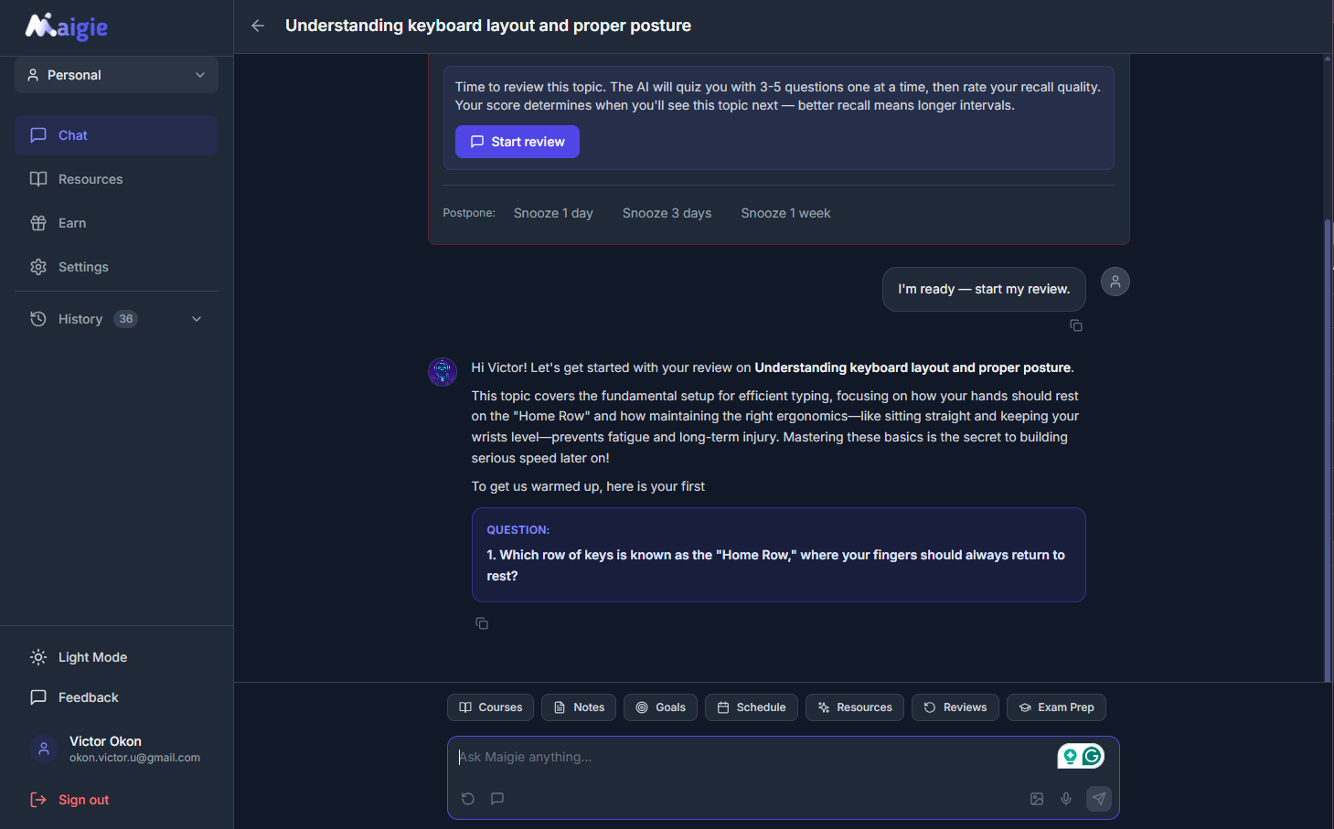 Maigie AI Chat generating a quiz from course notes
