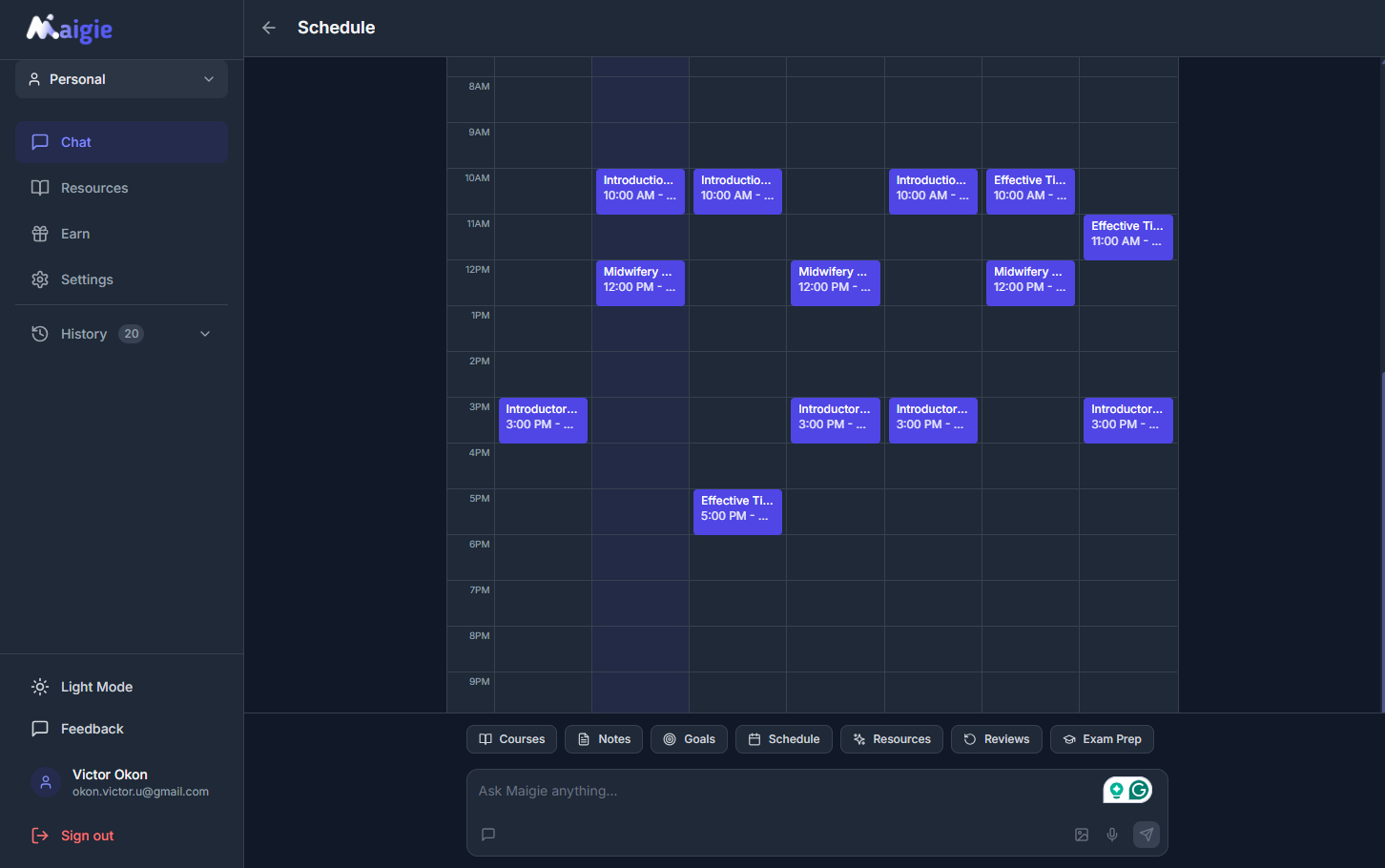 Maigie Smart Schedule View — daily timetable with time blocks and subjects